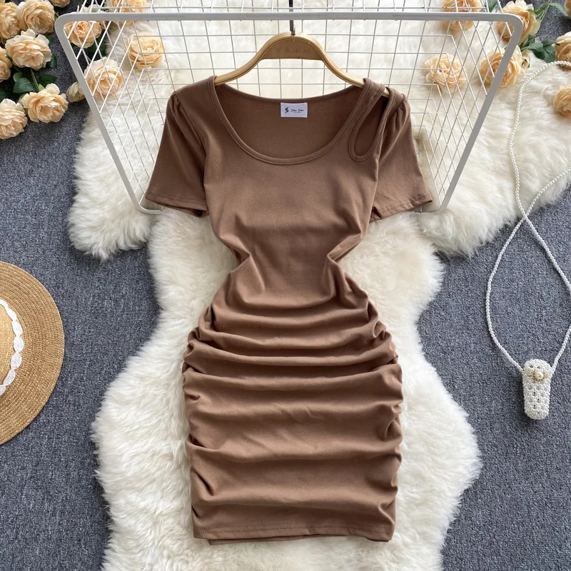 

2022 Summer New Sexy Bodycon Dress Women Fashion O-neck High Waist Pleated Midi Dresses Female All-match Slim Frock Streetwear