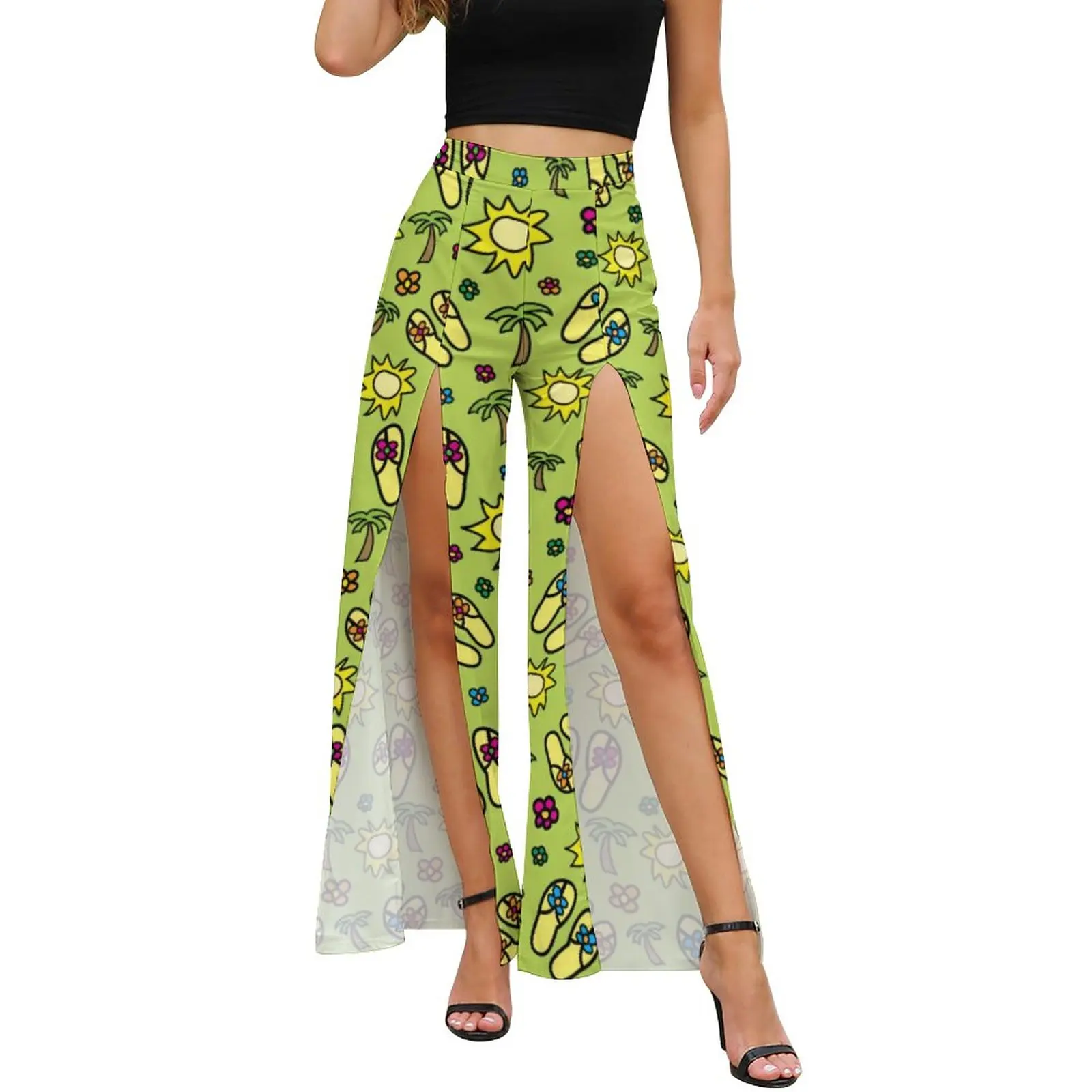 

Bright Vacation Pants Summer Flip Flops Palm Tree Night Club Wide Pants Ladies High Slit Streetwear Print Trousers