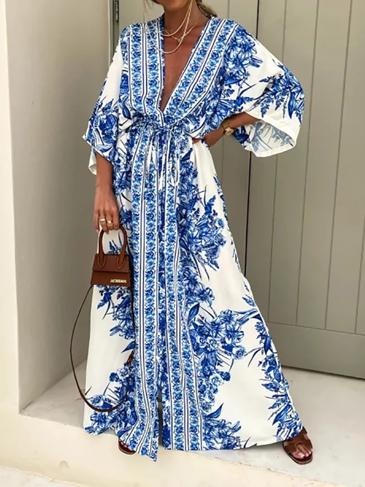 

Lady Bohemian Beach Long Party Dress Elegant Spring Autumn Patchwork Full Sleeve Dress Women Casual V Neck Slim Print Maxi Dress
