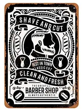

Rustic Shave and Cut Barber Shop (Black Background) Vintage Look Metal Sign
