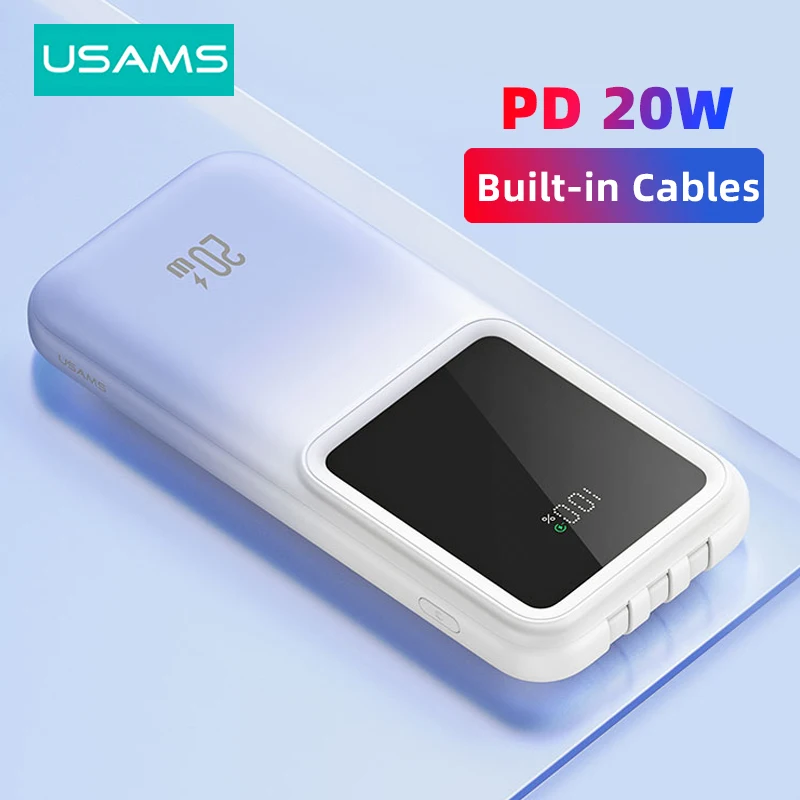 

USAMS 10000mAh Power Bank 20W Type C PD Fast Charge Powerbank Portable Battery Charger Built-in Cables for iPhone 15 Redmi POCO