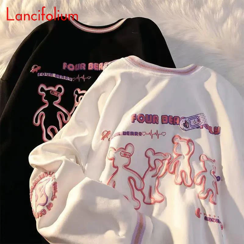 

Harajuku Kawaii 3D Bear Anime Contrast Hoodie Oversized BF Oneck Couples Y2k Korean Sweet Sweatshirt Top Women Spring Fall 2022