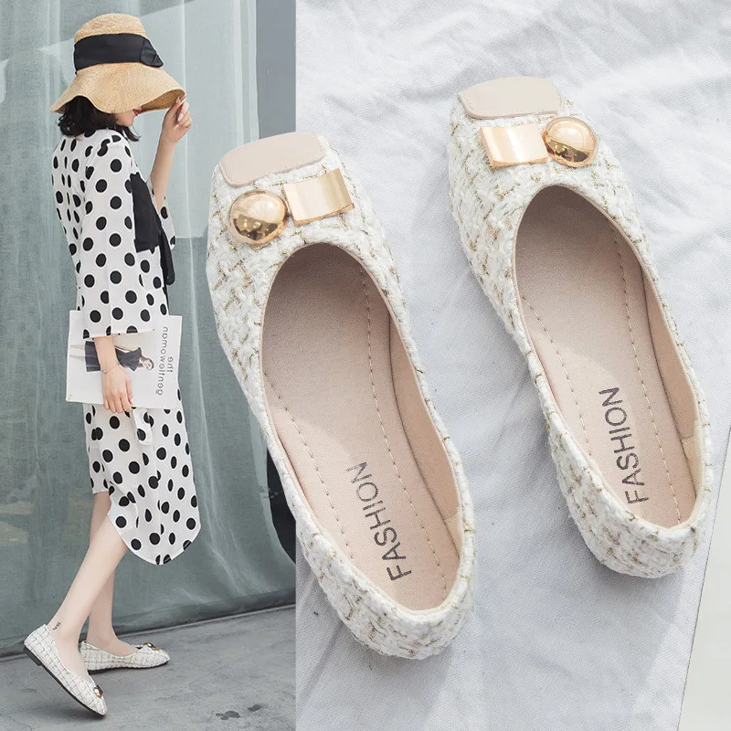 

Metal Decoration Lattices Fabric Loafers Women Pu Patchwork Shallow Mouth Moccasins Slip On Square Toe Ballerina Flats Shoes2022