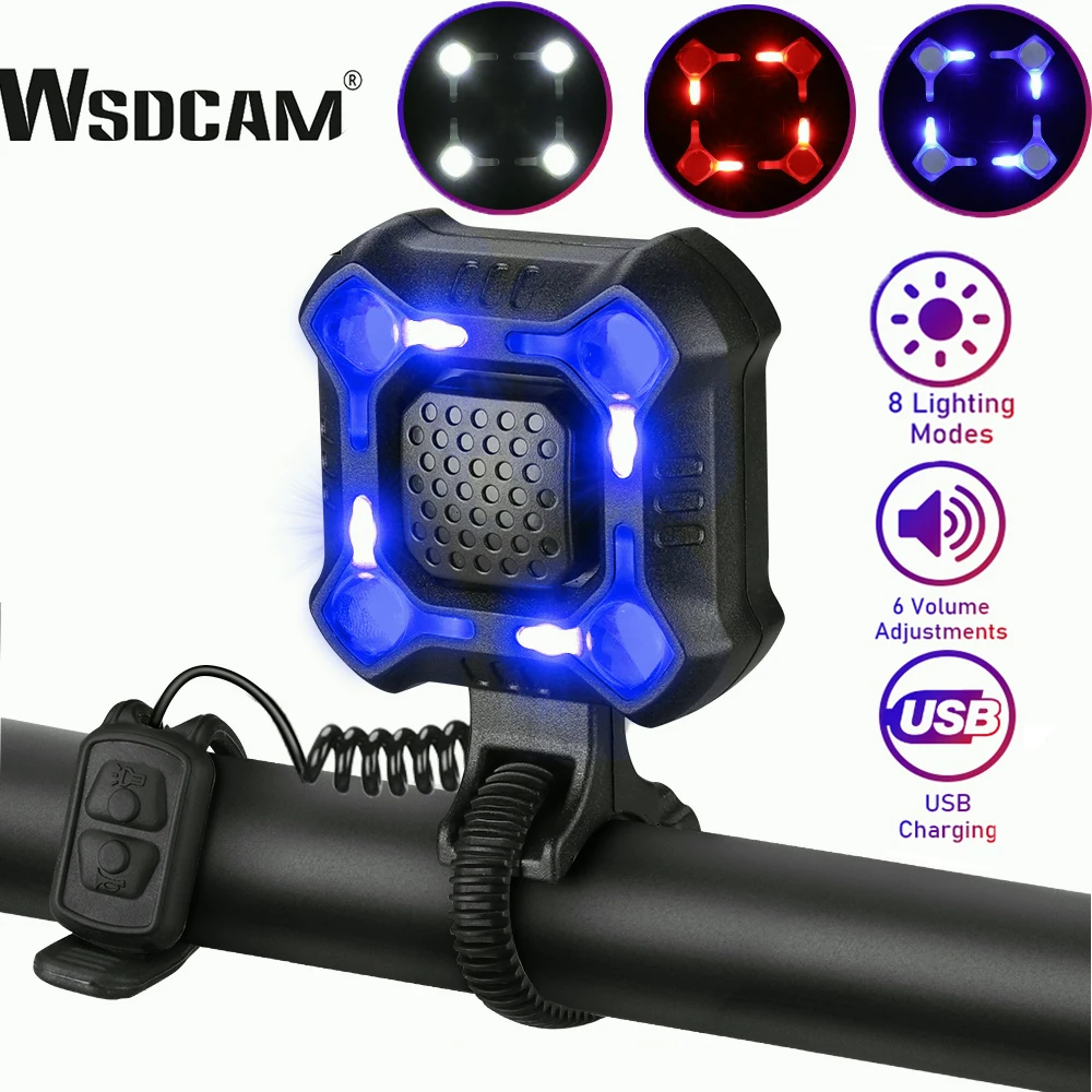 WSDCAM 140dB Bike Bell 4 LEDs Bicycle Cycling Lamp Electric Horn Waterproof USB Charging Cycling Head Light Bicycle Alarm Bell