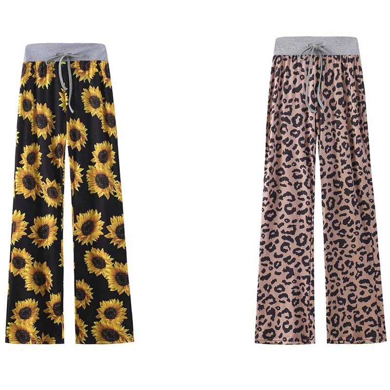 

2 Pcs Women's Print Comfortable Casual Stretch Drawstring Wide Leg Pants, Brown XL Size & Sunflower XXL Size