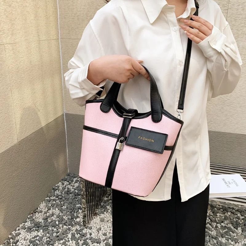 Women Fashion Handbag Large Capacity Canvas Single Shoulder Bag Contrasting Colors Simple Crossbody Bucket Bags Casual Versatile