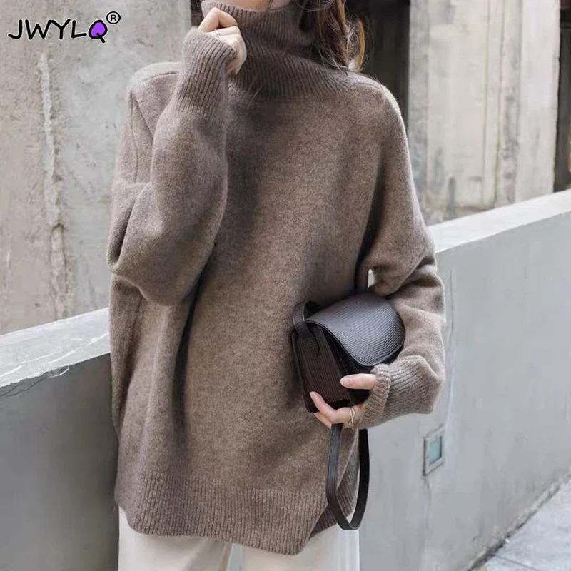 

Winter Solid Color Turtleneck Thick Warm Oversize Pullover Sweaters Women Vintage Loose Long Sleeves Women Clothing Simple Tops