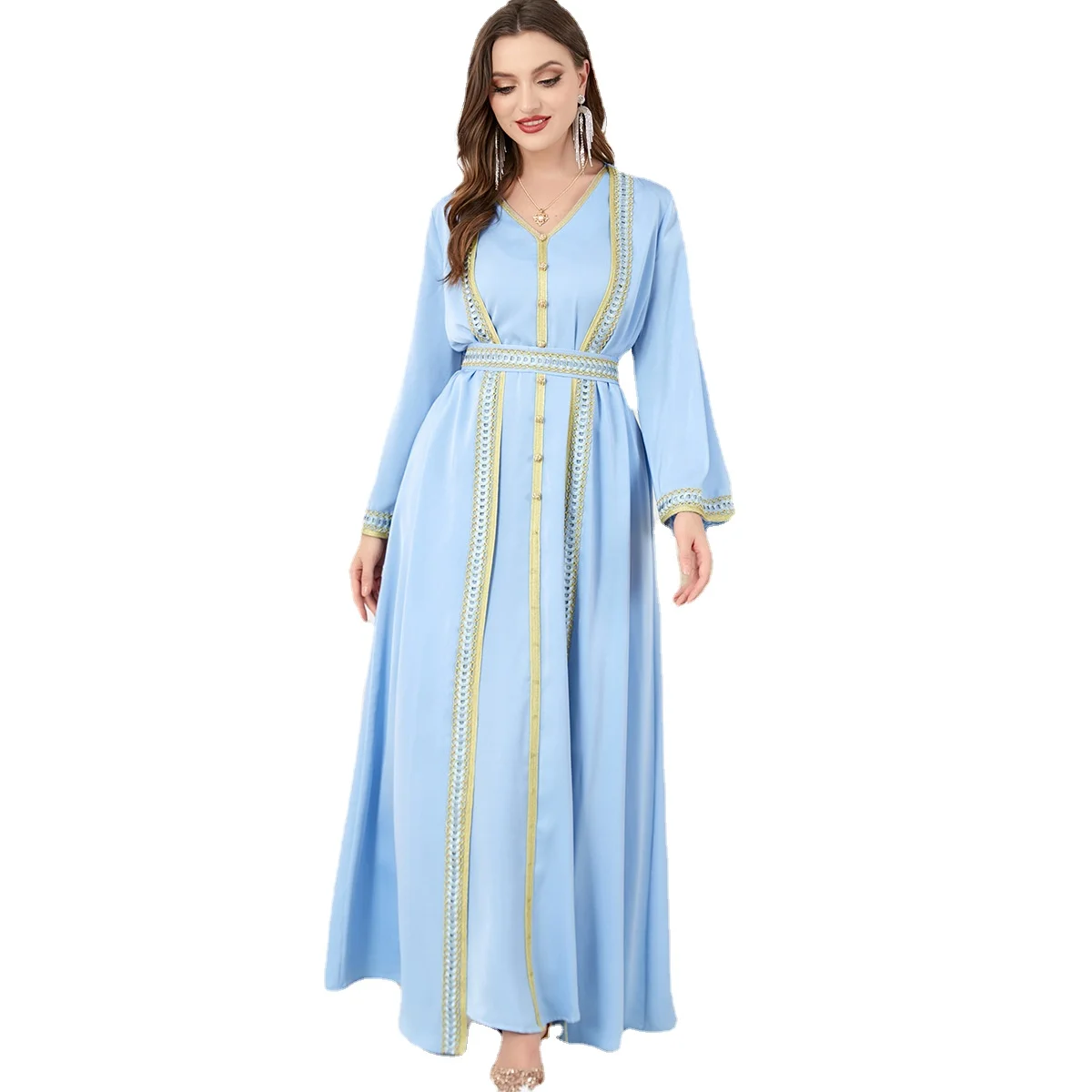 

Arabic Two Piece Dress V Neck Gold Belt Button Embroidery Chiffon Long Dresses Summer Blue Caftan Dress Women
