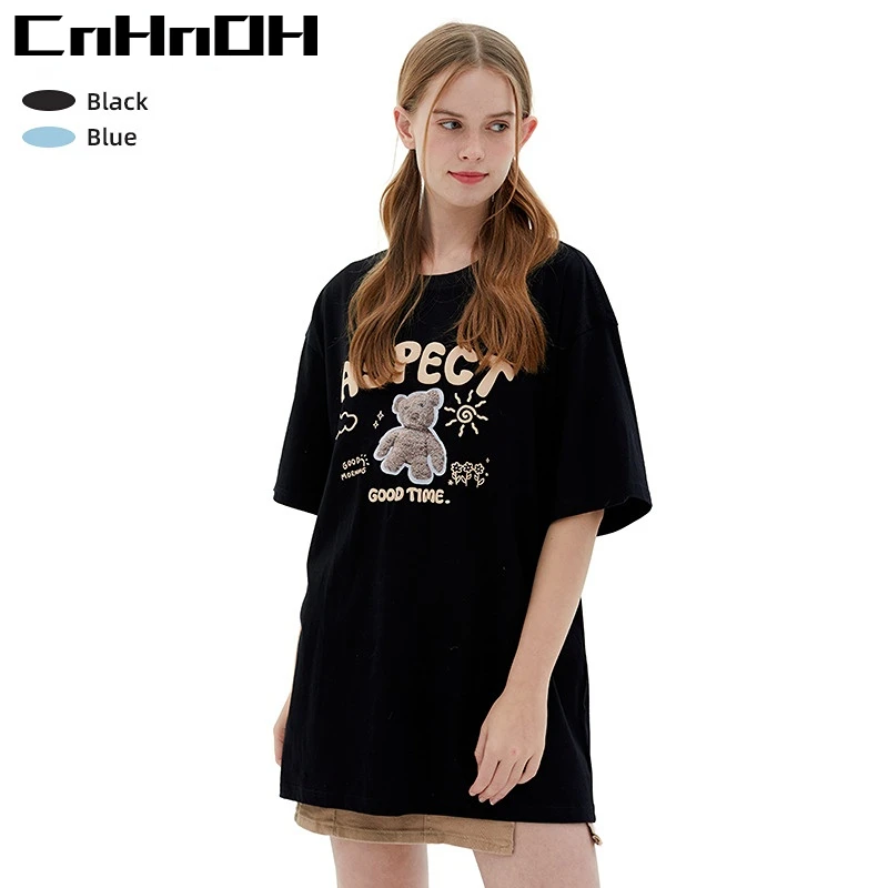 CnHnOH Summer Couple Half-sleeved T-shirt Ins Loose Bear Round Neck Short-sleeved Men and Women