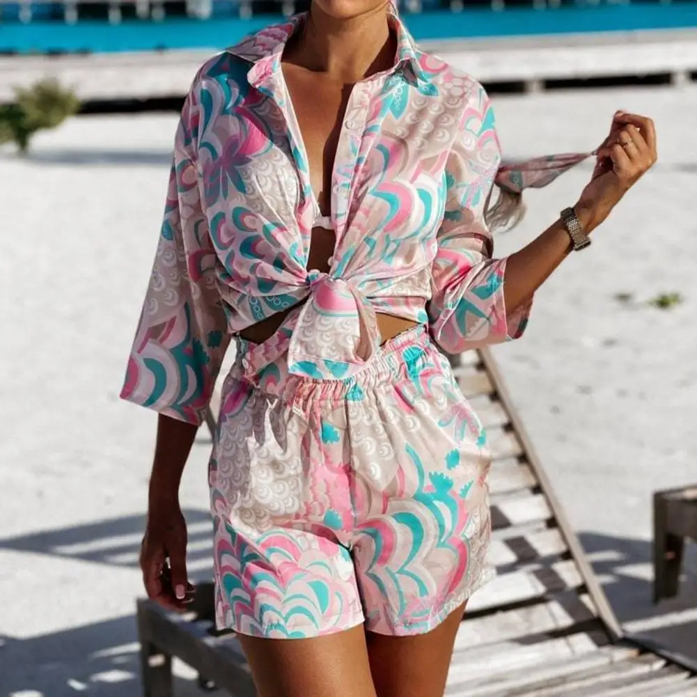 

Women's Tracksuit Sets Fashion Printed Summer Long Sleeve Shirt Shorts Suit Vintage Casual Women Outfits ensemble femme 2 pièces