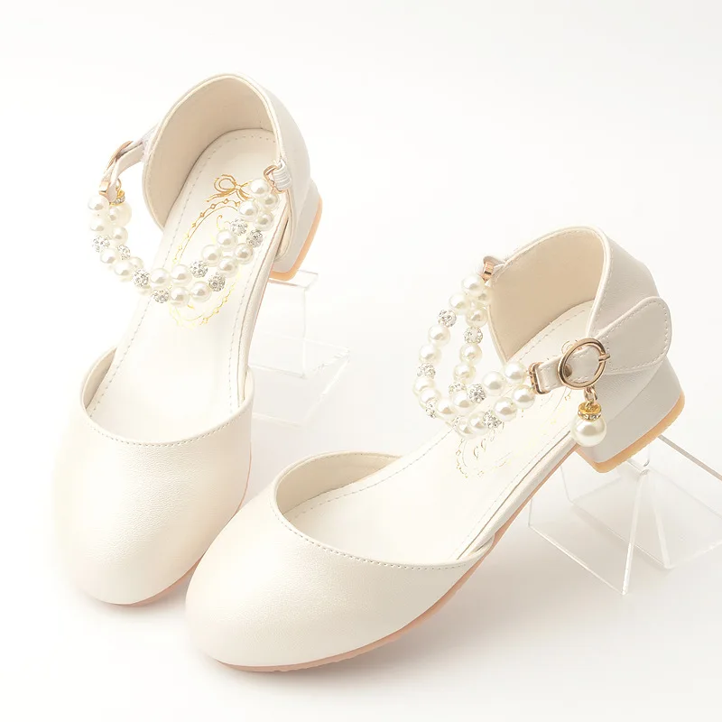 New Pearl Girls' High-heeled Princess Shoes Korean Students' White Performance Shoes Children's Single Shoes Mary Jane Shoes