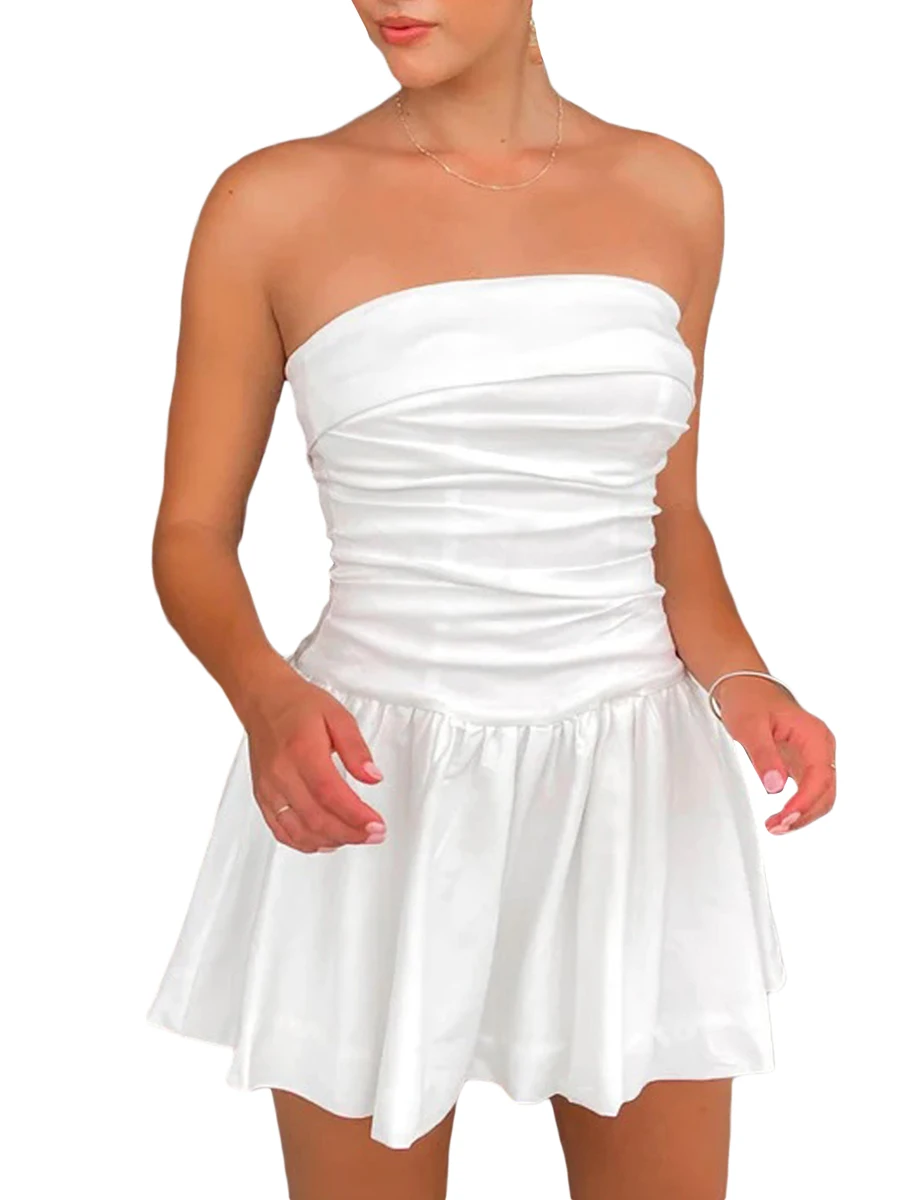 

Женское летнее платье-футляр без бретелек, однотонное Расклешенное мини-платье-трапеция с рюшами