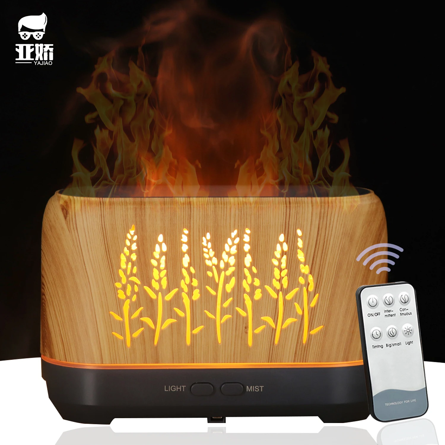 

YAJIAO Timeable Air Humidifier Flame Wood Grain Aroma Essential Oil Diffuser With Remote Control USB Soft Light Humidifier