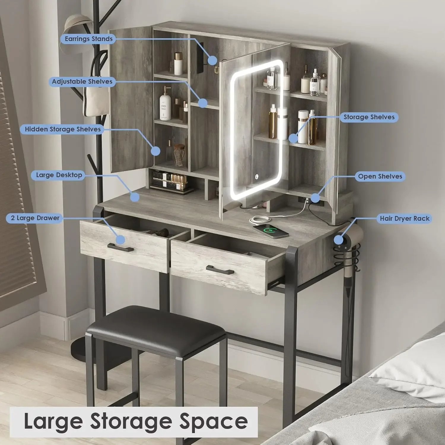 Столик для туалетного столика с подсветкой и удлинителем трехскладной столик