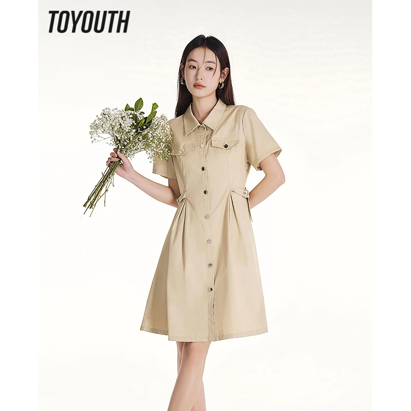 Toyouth Women Dress 2023 Summer Short Sleeve Polo Neck A-shape Slim Design Waistband Buttons Casual Chic Middle Skirt