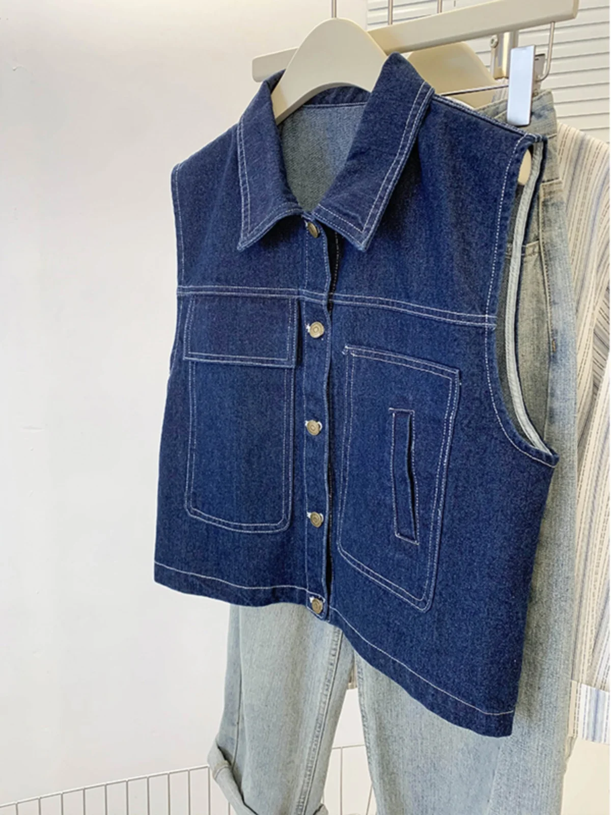 Hong Kong Flavor Retro Fashion Stacked Outdoor Denim Vest Women Autumn and Winter New Western Sle Age-Reducing Polo Collar ...