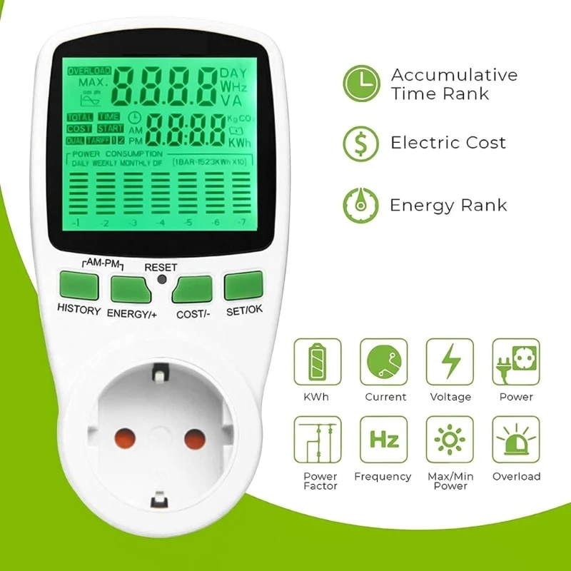 

Backlit Power Monitors for Socket with Clear Display Overloads Warning Power Consumption Meter for Household Drop Shipping