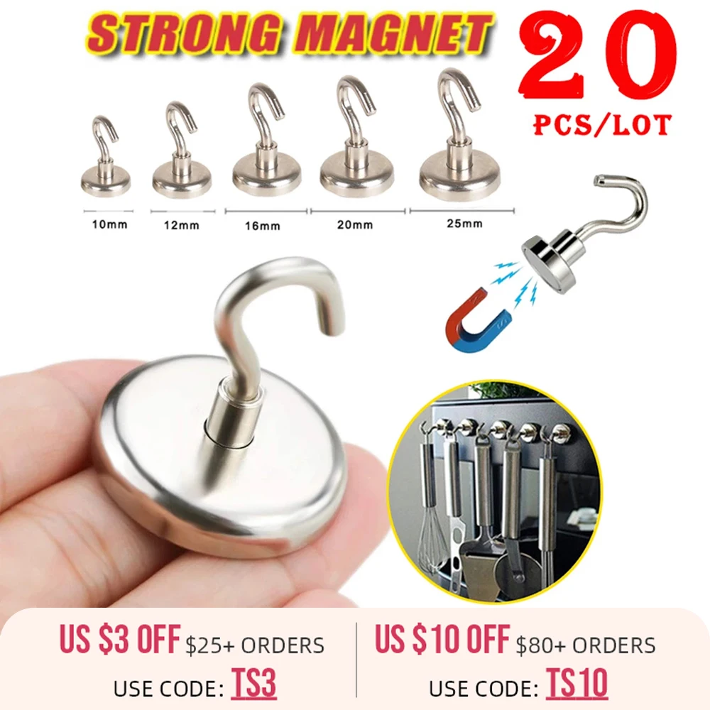

20Pc Powerful Magnetic Hooks Heavy Duty Neodymium Magnet Hook Towel Key Wall Strong Hanger Kitchen Bathroom Storage Organization