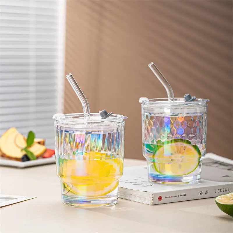 

European INS Style Colorful Laser Straw Cup Bamboo Cup American Coffee Cup Milk Cup with Lid Glass Straw Portable Cup