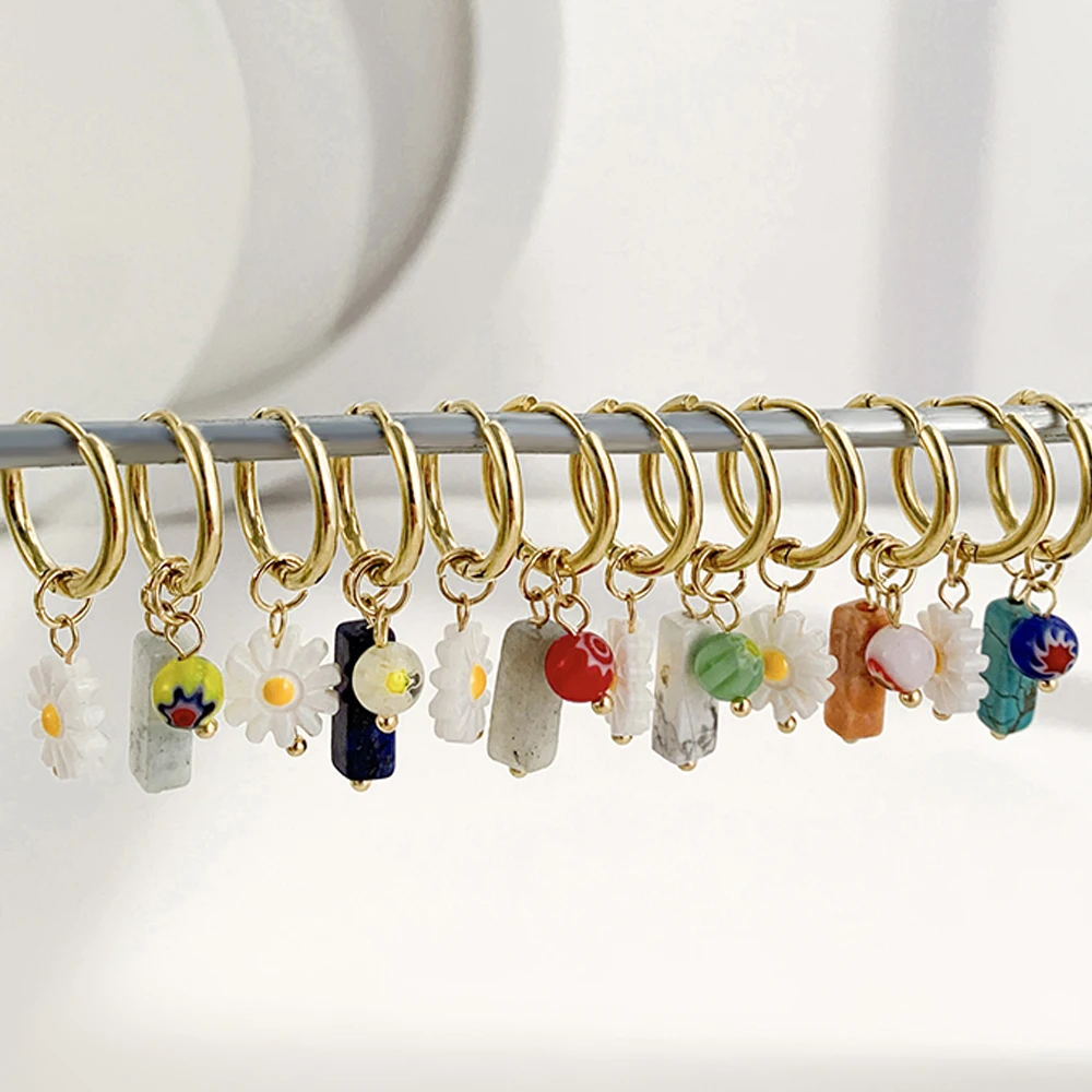 

Exquisite Natural Stone Crystal Drop Earrings Women Gold Color Stainless Steel Daisy Flower Huggie Hoops Ear Ring Charm Jewelry