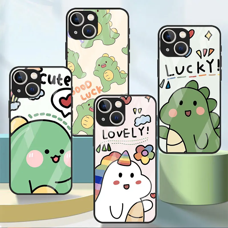 

Glass Case For Apple iPhone 11 14 13 Pro 12 7 8 Plus SE 2022 XR X XS Max 6 6S Tempered Phone Cover Little Dinosaur Cute