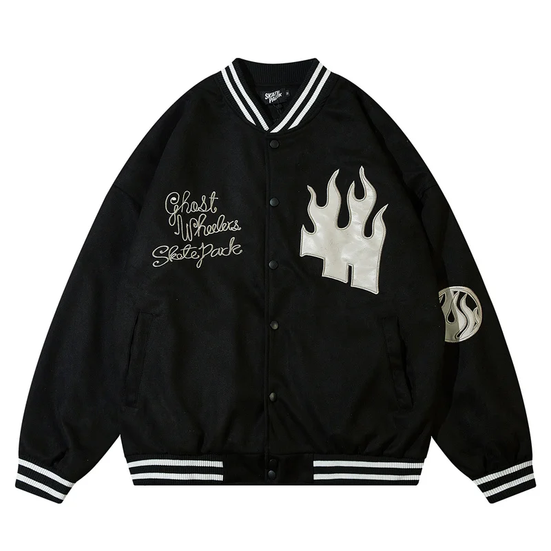 

Hip Hop Baseball Jacket Coat Letter Flame Embroidery Men Japanese Streetwear Varsity College Fashion Biker Korean Bomber Jackets