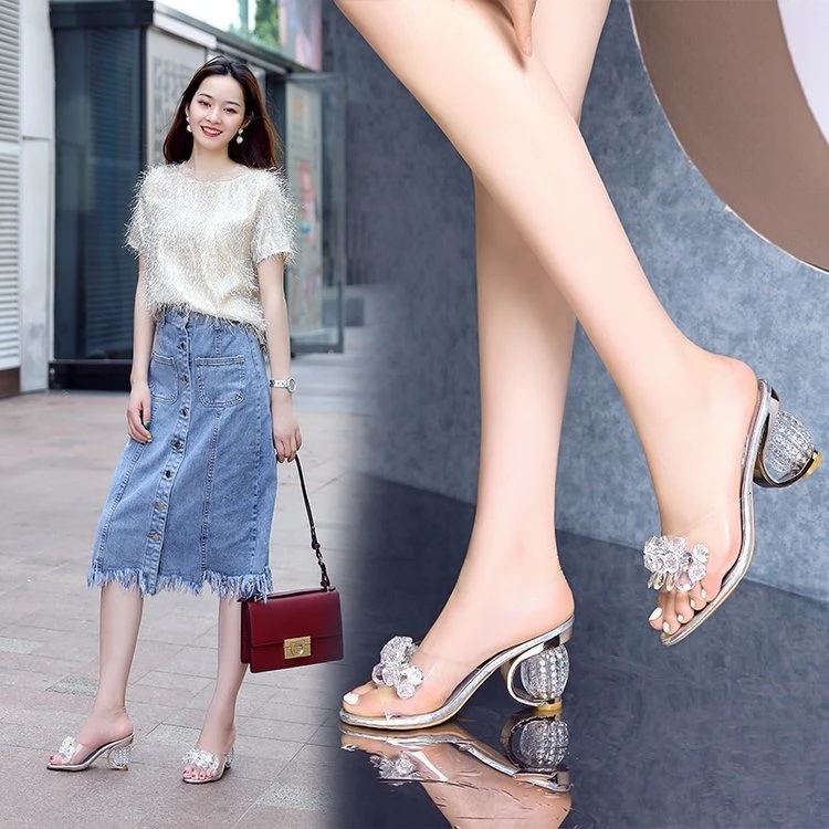 Summer Women Sandals Woman Crystal Open Toe Ladies PVC Jelly Shoes High Heels Transparent Casual Female Slippers New