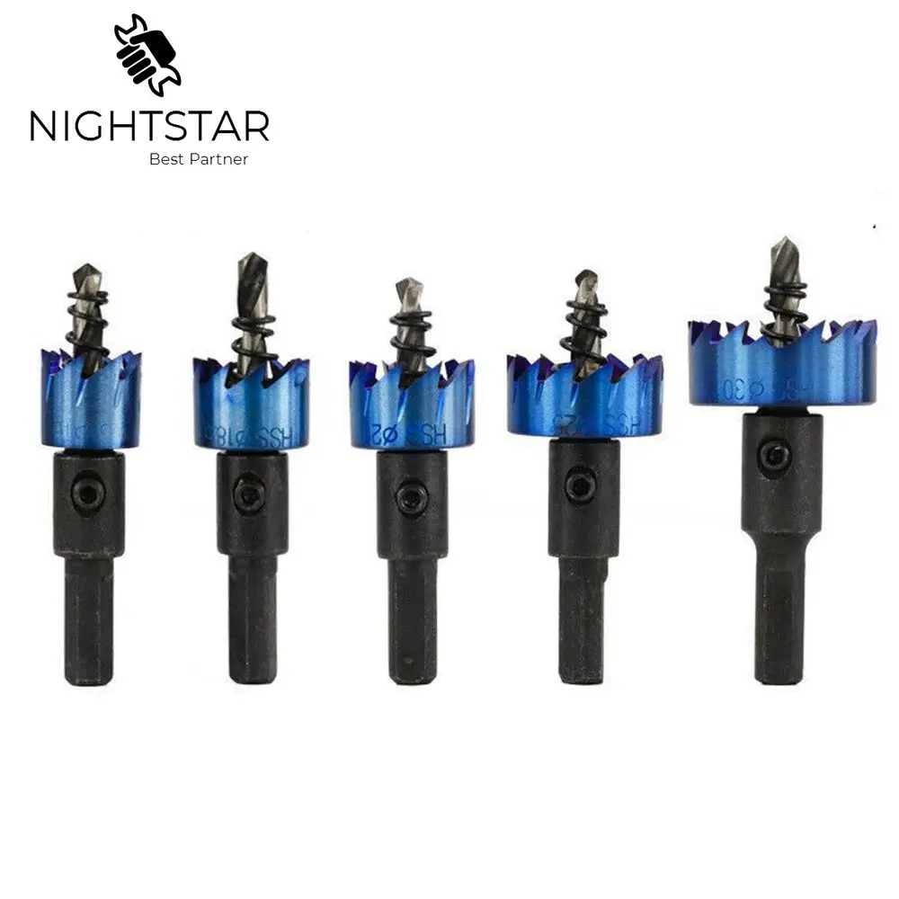 5Pcs Blue Titanium Plating Coated HSS Drill Bit Hole Saw Set Stainless Steel Metal Alloy 16/18.5/20/25/30mm Woodworking Tools