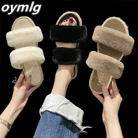fluffy and comfortable fur sandals two horizontal straps design fur straw flat bottom open toe slippers for womens outer wear