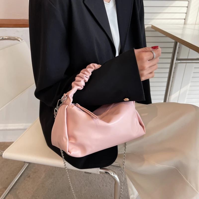 Small PU Leather Crossbody Sling Bag with pleats Handle 2023 Summer Trendy Women's Designer Handbag Tote Luxury Shoulder Bags