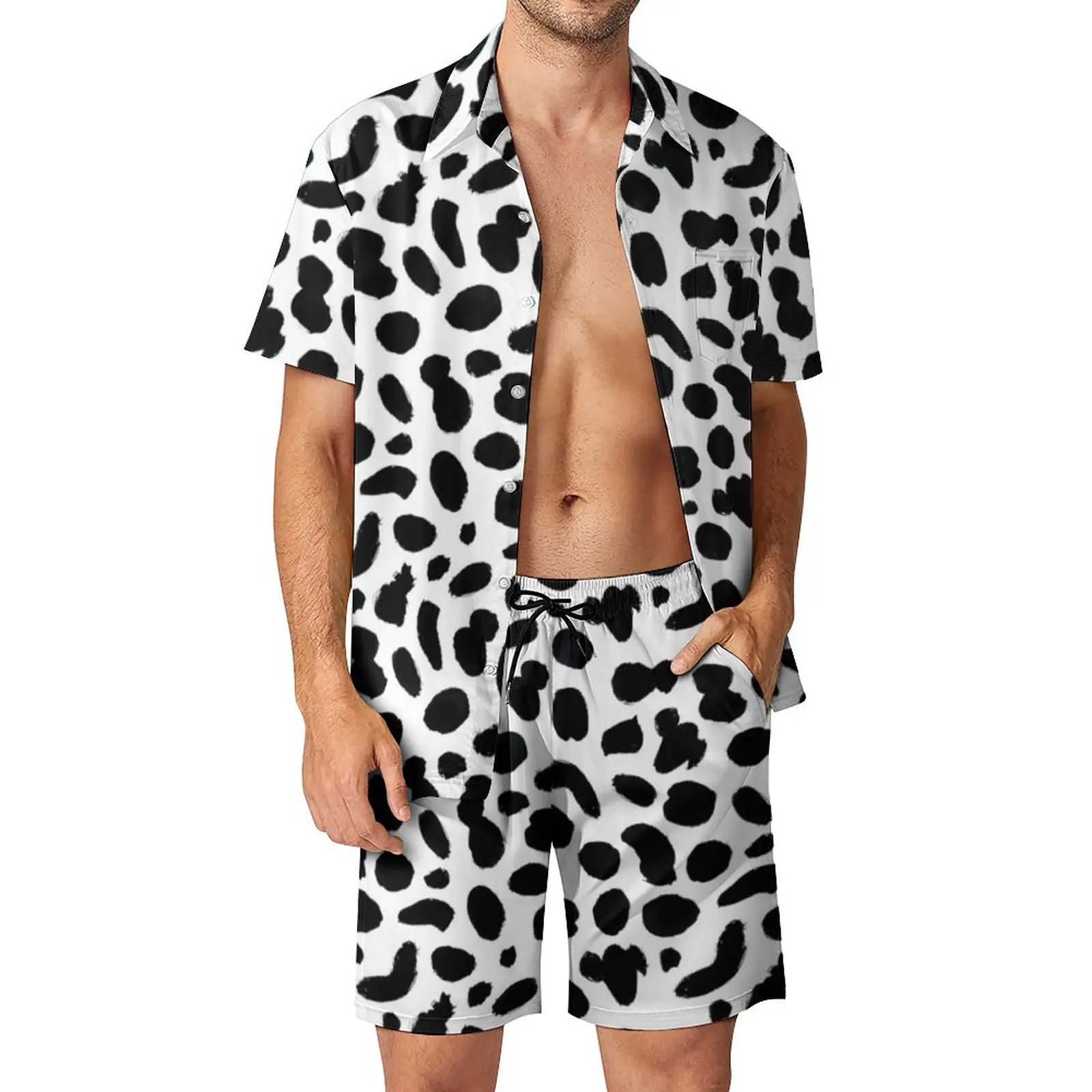 

Dalmatian Print Men Sets Black and White Spots Casual Shirt Set Hawaii Outdoor Shorts Summer Suit Two-piece Plus Size