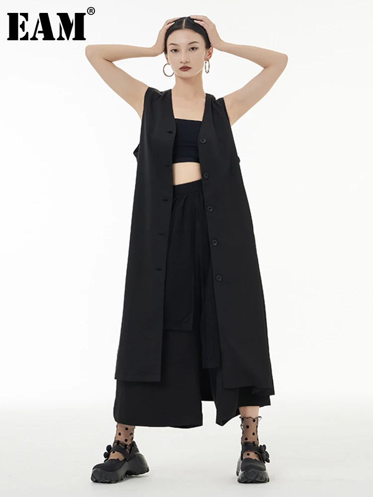 

[EAM] Women Loose Fit Black Brief Long Single Breasted Vest New V-collar Sleeveless Fashion Tide Spring Autumn 2023 1DF0165