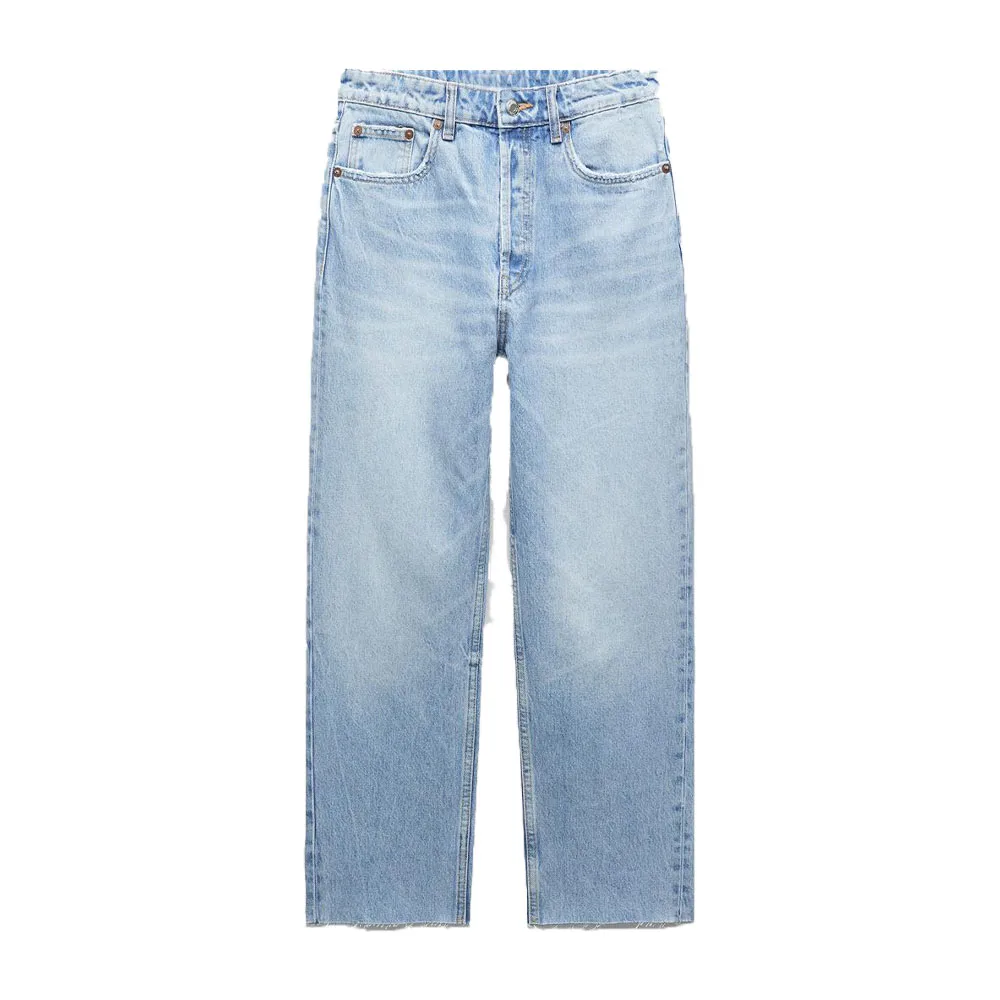 

Fall new fashion women's casual versatile washing effect unsewn hem trousers high waist straight ankle jeans