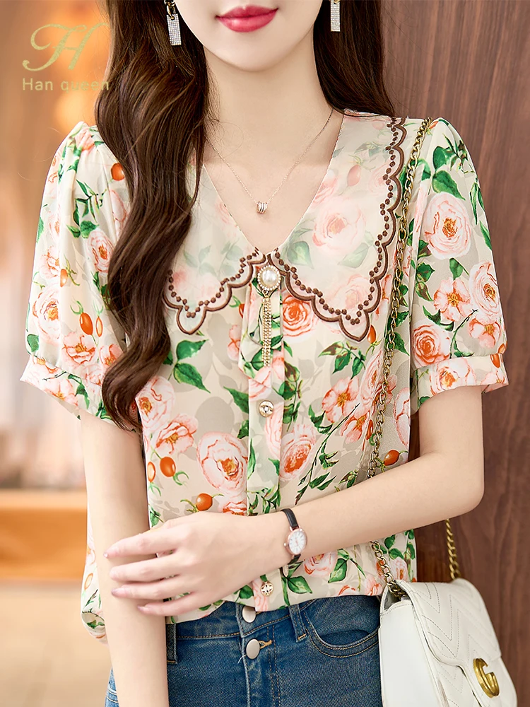 

H Han Queen Simple Summer Blusas Elegant Chiffon Blouse Womens New Korean Loose Casual Vintage Printing Shirts Office Work Tops
