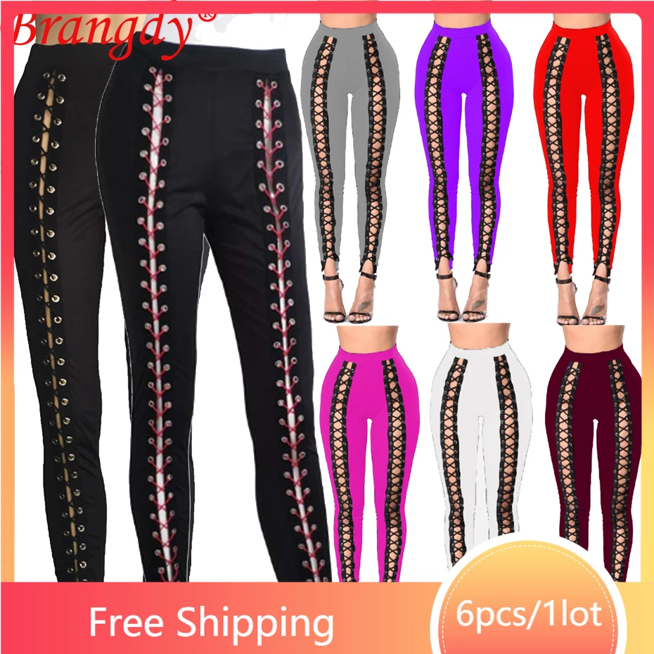 

6 шт. оптовая продажа товаров для бизнеса сексуальные брюки на шнуровке с перекрестными шнуровками цельные Леггинсы для женщин индивидуальные обтягивающие брюки B10109