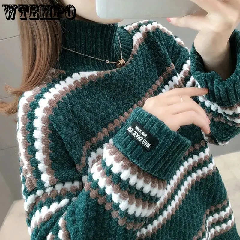

Turtleneck Sweater Loose Knitted Jumper Women Sweater Stripe Casual Top Warm Autumn and Winter Clothing Sueters Mujer Wholesale