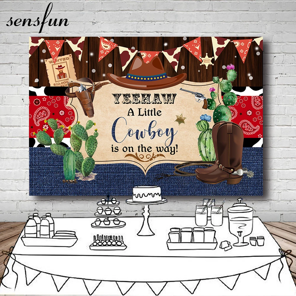 

Rustic A Little Cowboy Is On The Way Photography Background Wood Boys Cowboy Theme Birthday Party Backdrop Table Banner