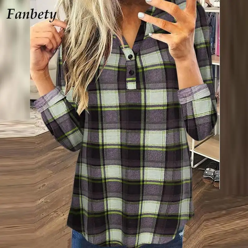 

Винтажная клетчатая блузка на пуговицах, осенние Рубашки, Новый Повседневный пуловер с длинным рукавом, топы, офисные женские модные свобод...