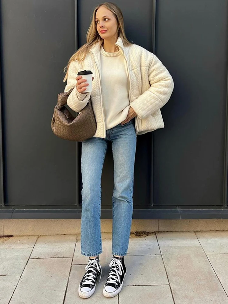 Вязаные хлопковые короткие пуховики с принтом женские утепленные однотонные