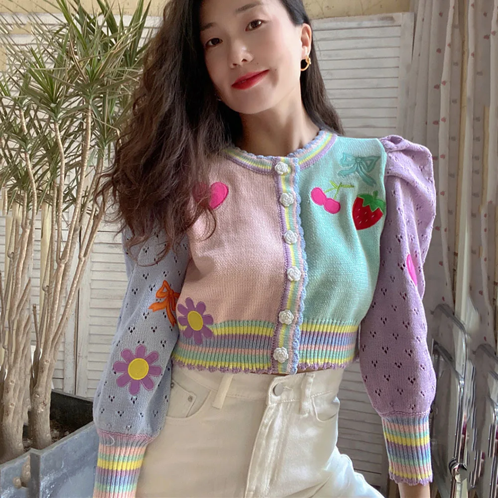 

Женский Укороченный кардиган с вышивкой Za, вязаный пурпурный свитер в стиле пэчворк с милым рисунком сердечком, весна-осень 2022