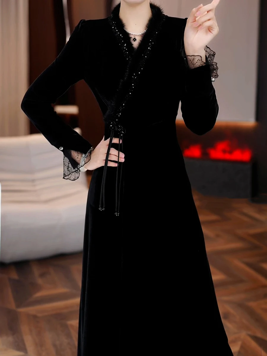 2024 Autumn and Winter Thickened Velvet Full Body Dress Midi dress High-Grade Sense Fashion Plus size women clothing High-End...