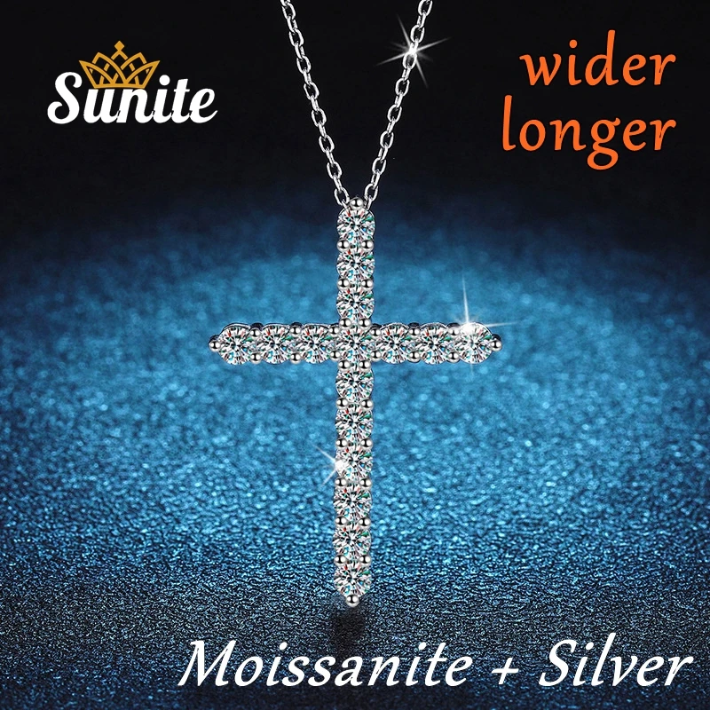 

Sunite Total 1.6ct Real Moissanite Diamond Cross Necklace Pendant For Women Men's Gift 925 Sterling Silver Fine Jewelry Luxury
