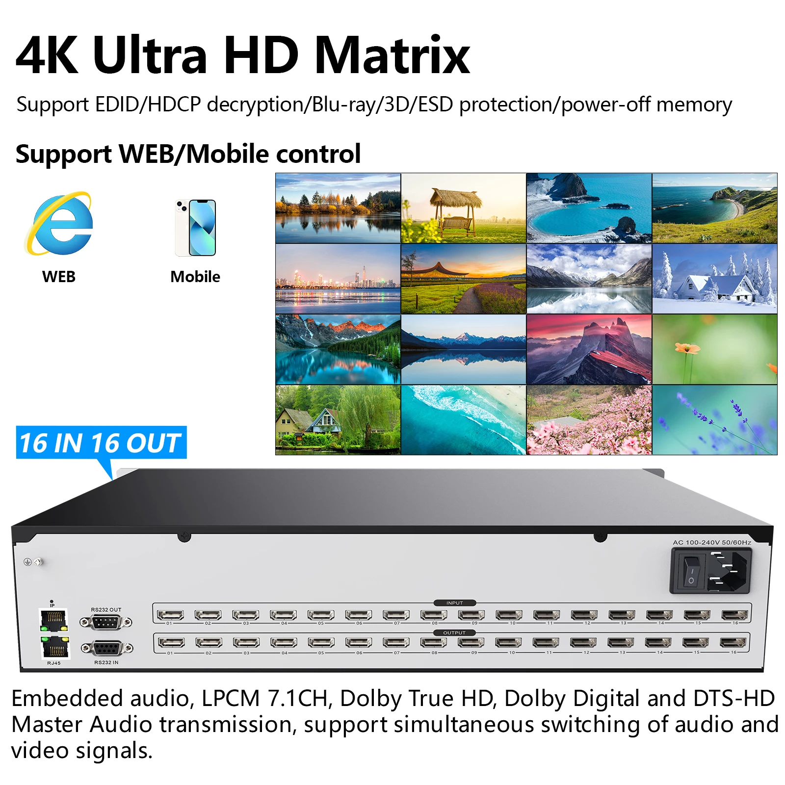 Enlarge 16x16 HDMI Matrix switcher 4K30Hz, HDMI Matrix Switch Splitter Supports EDID Management/HDCP decoding/Web control/RS232/IR/Dolby