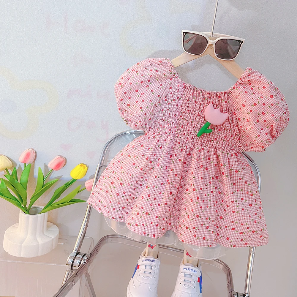 

Summer Baby Girls Puff Sleeve Floral Tops Denim Shorts Children Clothing Sets Kids Seaside Holiday Wear Infant Clothes Outfits