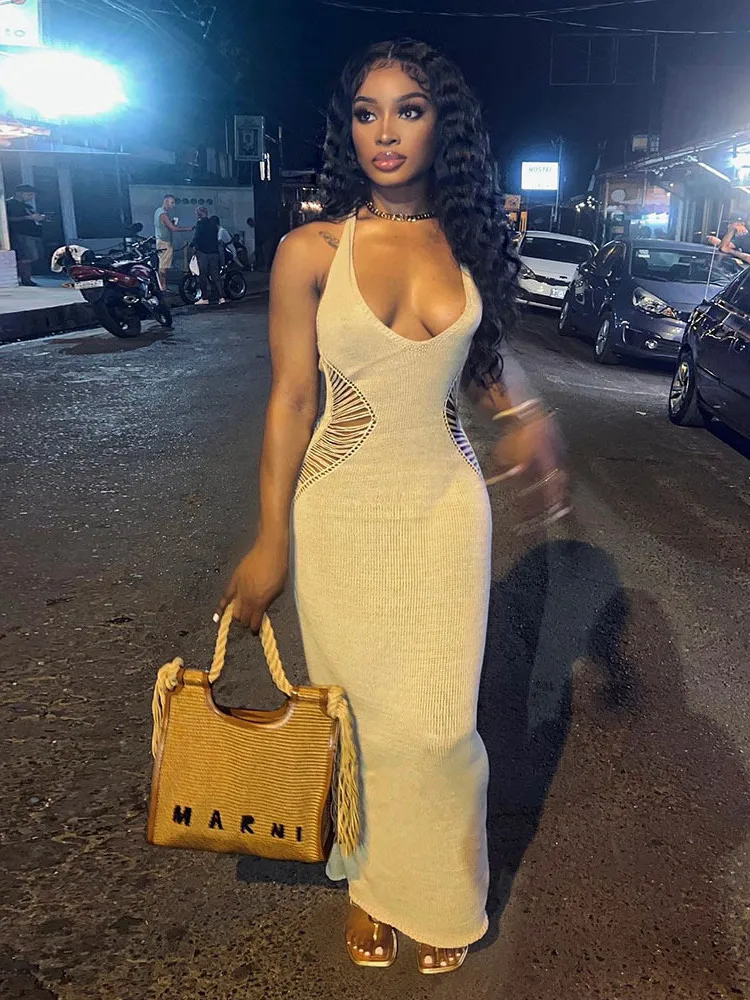 

Balogun Summer Maxi Dresses For Women 2022 Halter Sleeveless Backless Hollow Out Bodycon Dress Sexy Party Fashion Apricot Dress