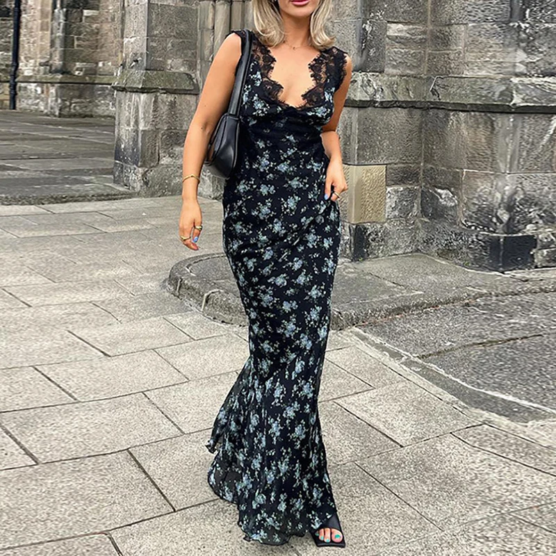 

Fashion High Waist Flower Print Long Dress Women Sexy Deep V-neck Lace Patchwork A-line Harajuku Dresses Female Summer Clothing