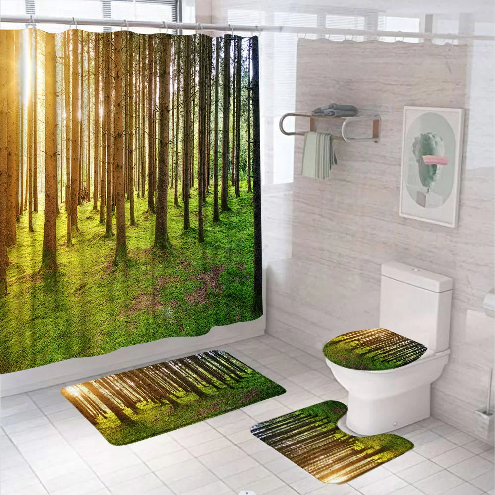 

4Pcs Forest Scenery Bathroom Shower Curtain Set Sunshine Green Tree Woodland Landscape Bath Mat Toilet Lid Cover Carpet Rug Home