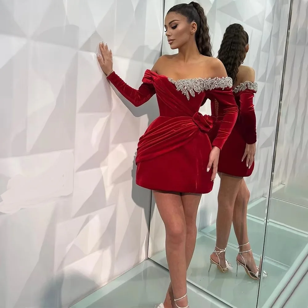 Shining Red Velvet Cocktail Dress Mini Off the Shoulder Long Sleeves Gown Short Sparkle Crystal Sexy Birthday Party