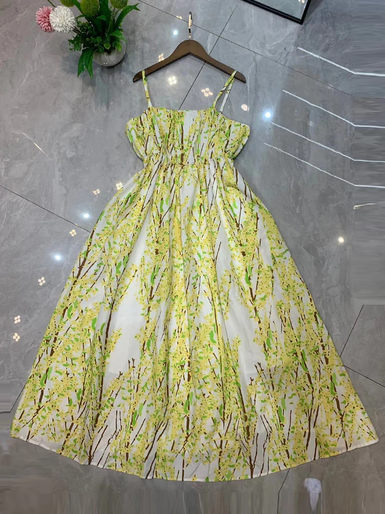 

Yellow Flower Printed Elastic Waist Women Long Dress Elegant Beach Holiday Party Vestidos Ball Gown Dresses For Lady Clothes