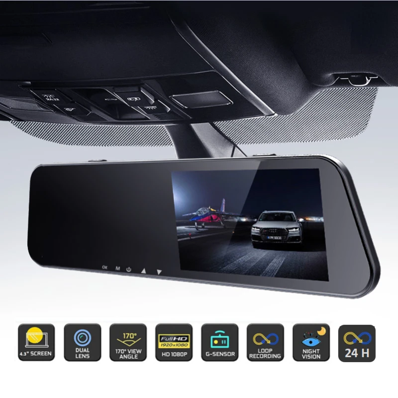 

24H Car DVR Dash Camera Rear View Dual Lens 1080P 4.3in Full HD Cycle Recording Dash Cam Video Recorder Mirror Dashcam Black Box